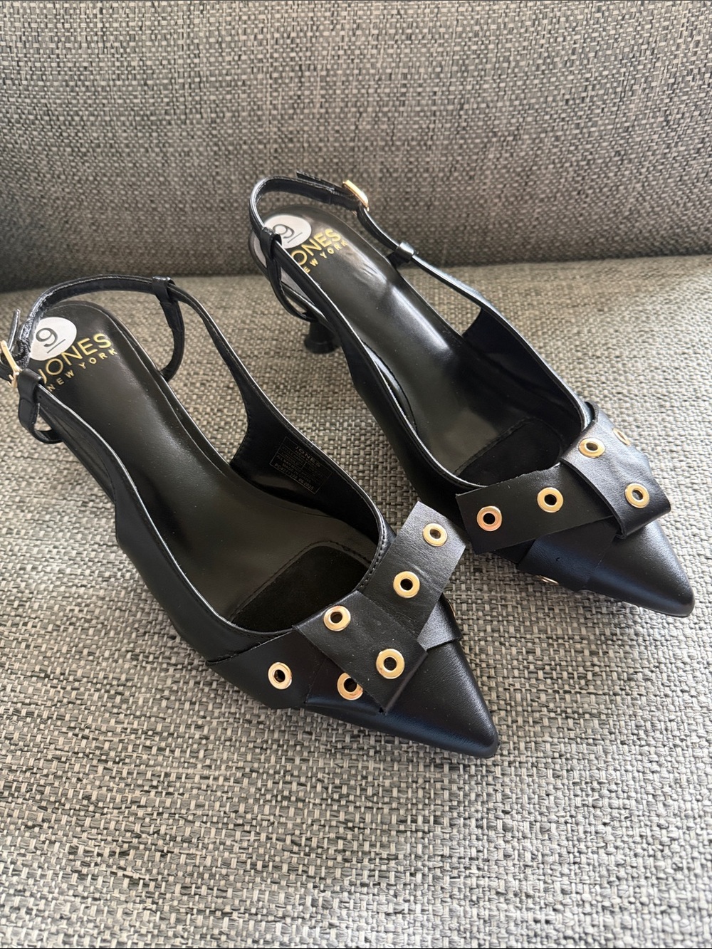 Jones New York Grommet Bow Kitten Heel Slingback Pumps Black Pointed Toe Size 9